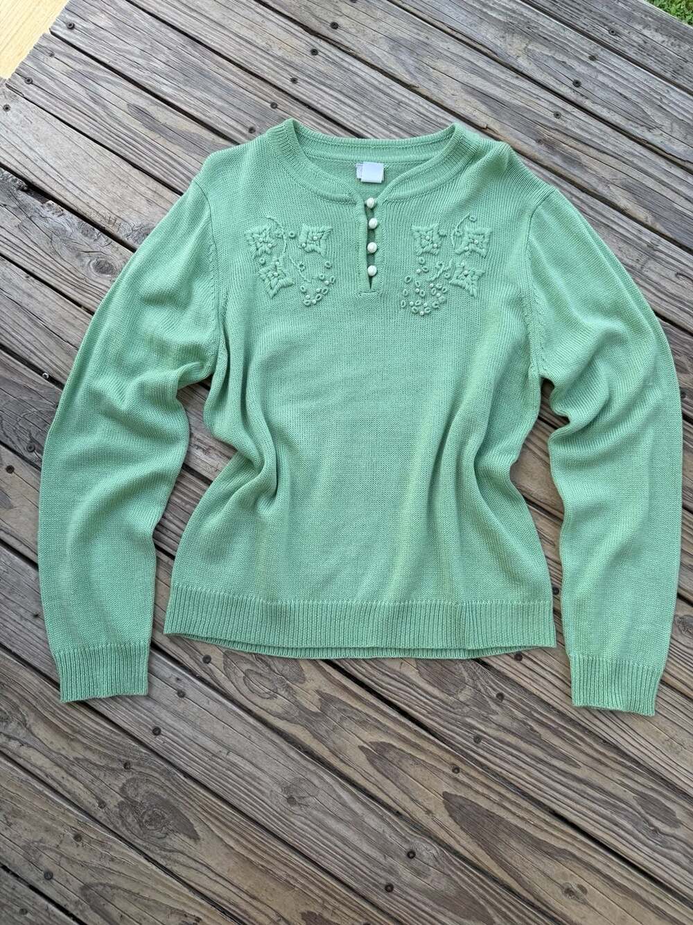 Adrian Delafield Vintage Pearl Embroidered Sage Green Henley Sweater
